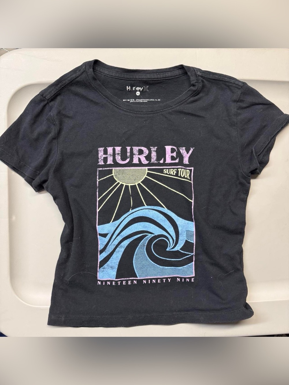 Hurley Black Surf Tour Graphic Tee with Blue & Pastel Print